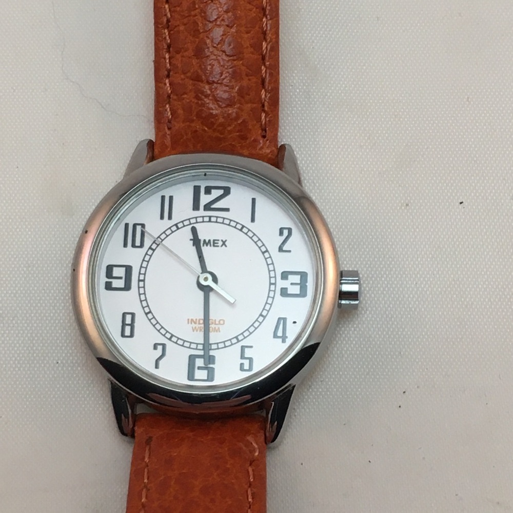Timex White Dial Watch with Orange Leather Strap
